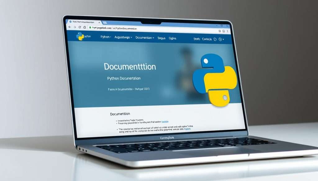 A well-lit, high-resolution image of the official Python documentation website, displayed on a sleek, modern laptop with a minimalist aesthetic. The laptop is positioned on a clean, uncluttered desk, with a subtle gradient background that complements the color scheme of the documentation. The display shows the Python documentation homepage, with the main navigation menu and content sections clearly visible, inviting the viewer to explore the wealth of information and resources available. The overall composition conveys a sense of professionalism, accessibility, and the power of Python's comprehensive documentation as a valuable learning tool. A well-lit, high-resolution image of the official Python documentation website, displayed on a sleek, modern laptop with a minimalist aesthetic. The laptop is positioned on a clean, uncluttered desk, with a subtle gradient background that complements the color scheme of the documentation. The display shows the Python documentation homepage, with the main navigation menu and content sections clearly visible, inviting the viewer to explore the wealth of information and resources available. The overall composition conveys a sense of professionalism, accessibility, and the power of Python's comprehensive documentation as a valuable learning tool.