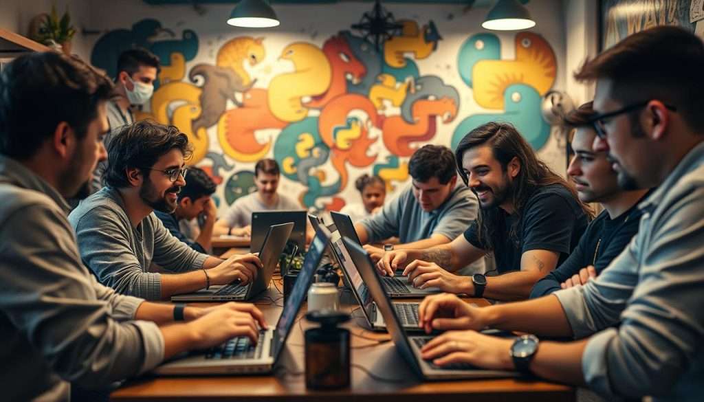 A bustling community of Python enthusiasts gathers in a cozy cafe, laptops open, ideas flowing. In the foreground, a group of developers animatedly discuss the latest library updates, their faces illuminated by the warm glow of computer screens. In the middle ground, a mentor guides a budding programmer, patiently explaining a complex concept. The background features a wall adorned with vibrant Python-themed artwork, creating a vibrant, collaborative atmosphere. Soft, diffused lighting bathes the scene, lending an air of camaraderie and intellectual exploration. The overall mood is one of shared passion, creative problem-solving, and a deep sense of belonging to a thriving, supportive Python community. A bustling community of Python enthusiasts gathers in a cozy cafe, laptops open, ideas flowing. In the foreground, a group of developers animatedly discuss the latest library updates, their faces illuminated by the warm glow of computer screens. In the middle ground, a mentor guides a budding programmer, patiently explaining a complex concept. The background features a wall adorned with vibrant Python-themed artwork, creating a vibrant, collaborative atmosphere. Soft, diffused lighting bathes the scene, lending an air of camaraderie and intellectual exploration. The overall mood is one of shared passion, creative problem-solving, and a deep sense of belonging to a thriving, supportive Python community.
