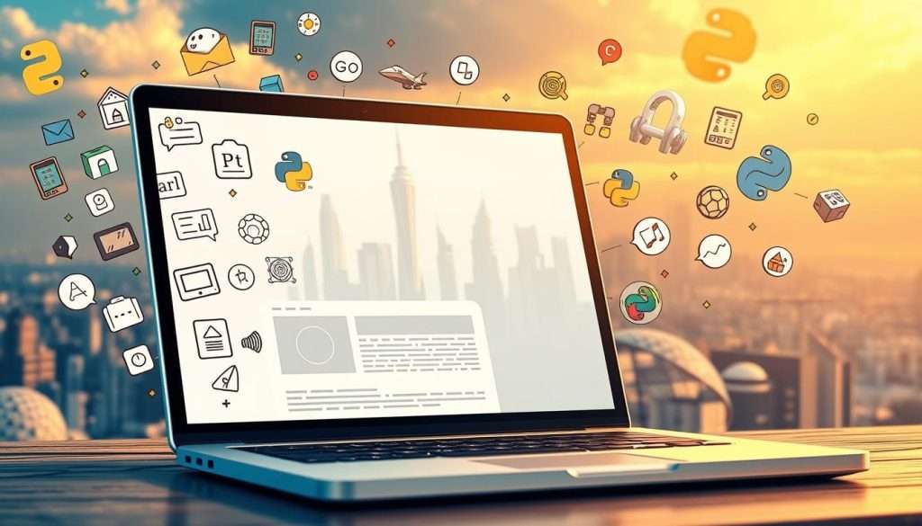 A vibrant, detailed scene showcasing the intricacies of Python web development. In the foreground, a laptop screen displays a sleek, modern web application built with Python frameworks like Django or Flask, its interface clean and intuitive. Surrounding the laptop, an array of Python-related icons, libraries, and tools like Pandas, NumPy, and Matplotlib float in a three-dimensional space, highlighting the breadth of the Python ecosystem. In the middle ground, a city skyline with futuristic architecture recedes into the distance, symbolizing the scalability and power of Python-driven web applications. The scene is bathed in a warm, golden light, conveying a sense of productivity and innovation. Overall, the image should inspire a feeling of the creativity and versatility inherent in Python web development. A vibrant, detailed scene showcasing the intricacies of Python web development. In the foreground, a laptop screen displays a sleek, modern web application built with Python frameworks like Django or Flask, its interface clean and intuitive. Surrounding the laptop, an array of Python-related icons, libraries, and tools like Pandas, NumPy, and Matplotlib float in a three-dimensional space, highlighting the breadth of the Python ecosystem. In the middle ground, a city skyline with futuristic architecture recedes into the distance, symbolizing the scalability and power of Python-driven web applications. The scene is bathed in a warm, golden light, conveying a sense of productivity and innovation. Overall, the image should inspire a feeling of the creativity and versatility inherent in Python web development.