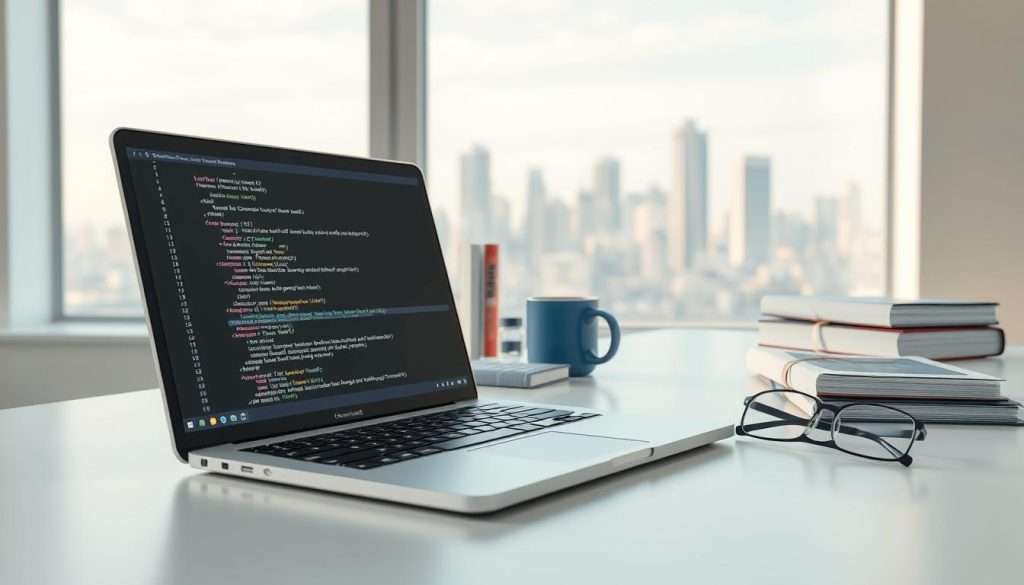 A well-lit, high-resolution 3D render of a Python coding workspace. In the foreground, a sleek laptop with a clean, uncluttered code editor interface displaying a few lines of elegant, well-structured Python code. In the middle ground, an array of programming books, a coffee mug, and a pair of glasses resting on a minimalist desk. The background depicts a softly blurred city skyline through a large window, suggesting a productive and inspiring work environment. The overall scene conveys a sense of focus, efficiency, and the joy of Python programming. A well-lit, high-resolution 3D render of a Python coding workspace. In the foreground, a sleek laptop with a clean, uncluttered code editor interface displaying a few lines of elegant, well-structured Python code. In the middle ground, an array of programming books, a coffee mug, and a pair of glasses resting on a minimalist desk. The background depicts a softly blurred city skyline through a large window, suggesting a productive and inspiring work environment. The overall scene conveys a sense of focus, efficiency, and the joy of Python programming.
