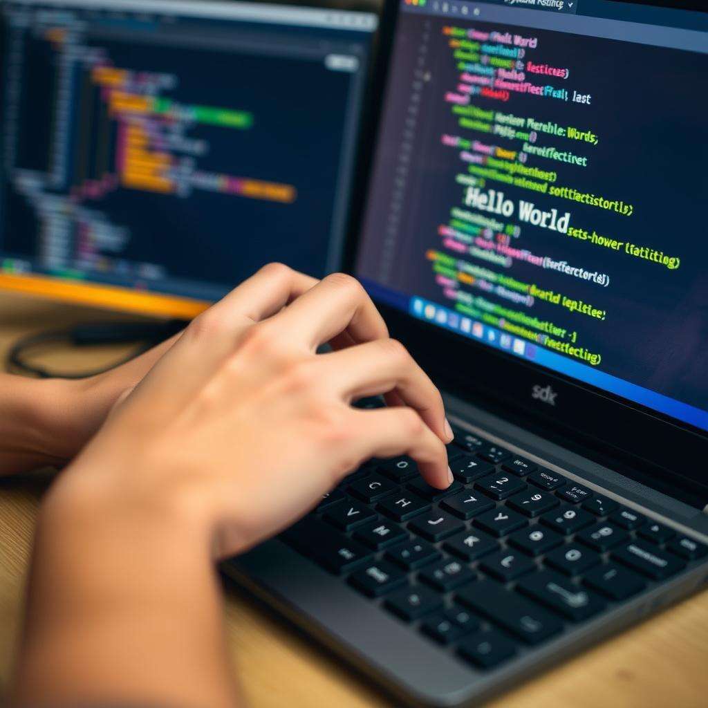 Beginner programmer writing their first Python code