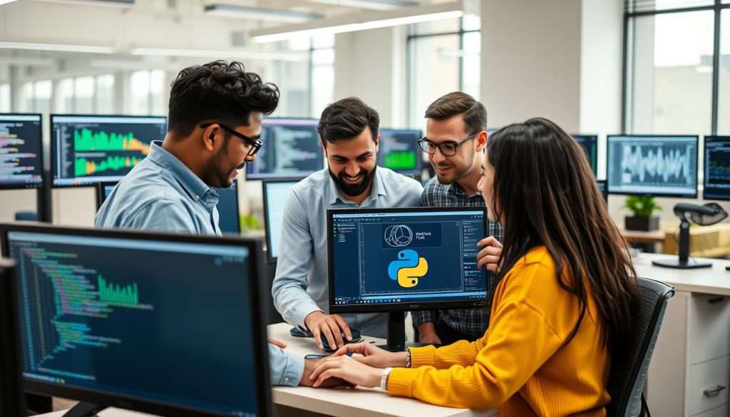 Data scientists collaborating using Python in a modern office environment for data analytics and AI