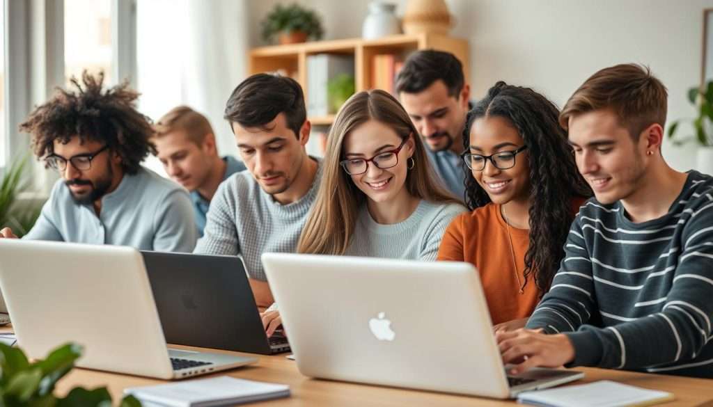 Diverse group of students learning Python programming online