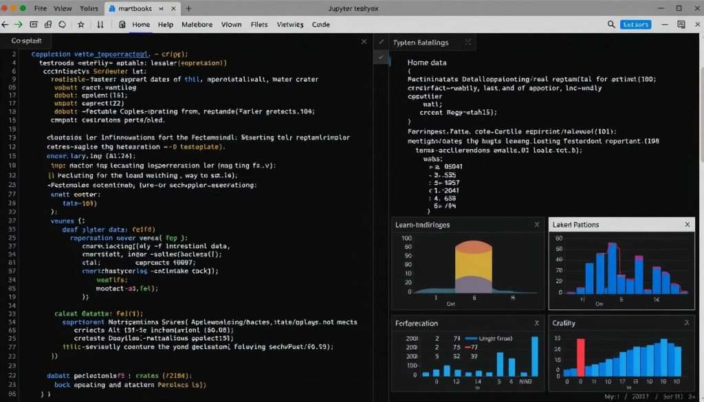 Jupyter Notebook interface showing Python code, markdown text, and data visualizations for data science
