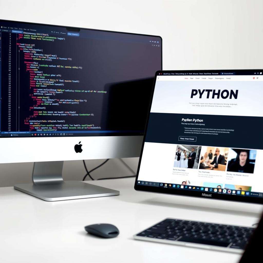 Web development interface showing Python code for a website