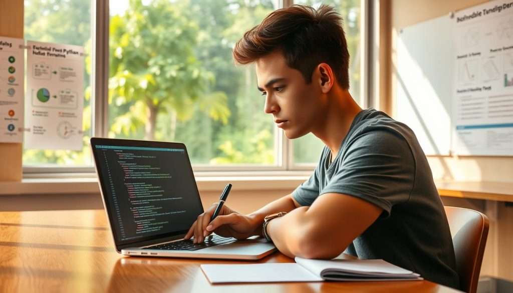 A classroom setting with a large window overlooking a lush, verdant landscape. At the center, a wooden desk with a laptop open, displaying lines of elegant, indented Python code. In the foreground, a thoughtful student gazes intently at the screen, pen in hand, ready to take notes. Warm, diffused natural light filters through the window, casting a soft, inviting glow on the scene. The walls are adorned with posters and diagrams illustrating fundamental Python concepts, creating an atmosphere of focused learning. The overall mood is one of quiet concentration and intellectual pursuit, perfectly capturing the essence of "Mastering Python Fundamentals with PyTutor." A classroom setting with a large window overlooking a lush, verdant landscape. At the center, a wooden desk with a laptop open, displaying lines of elegant, indented Python code. In the foreground, a thoughtful student gazes intently at the screen, pen in hand, ready to take notes. Warm, diffused natural light filters through the window, casting a soft, inviting glow on the scene. The walls are adorned with posters and diagrams illustrating fundamental Python concepts, creating an atmosphere of focused learning. The overall mood is one of quiet concentration and intellectual pursuit, perfectly capturing the essence of "Mastering Python Fundamentals with PyTutor."