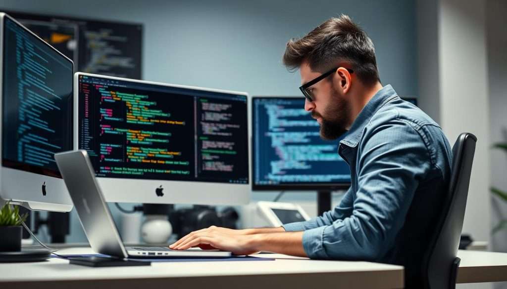 Developer working with multiple programming languages on multiple screens showing career growth for best programming languages to learn in 2025