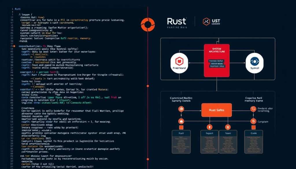 Rust code with system architecture diagrams highlighting memory safety features for best programming languages to learn in 2025