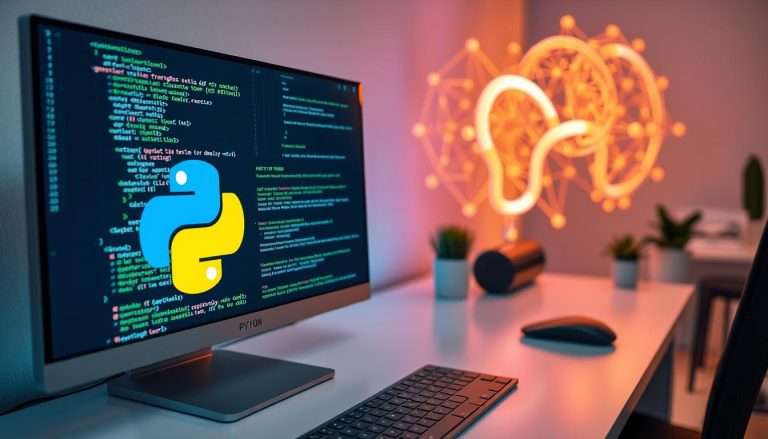 Python code on a computer screen with AI visualization elements showing Python and AI connection